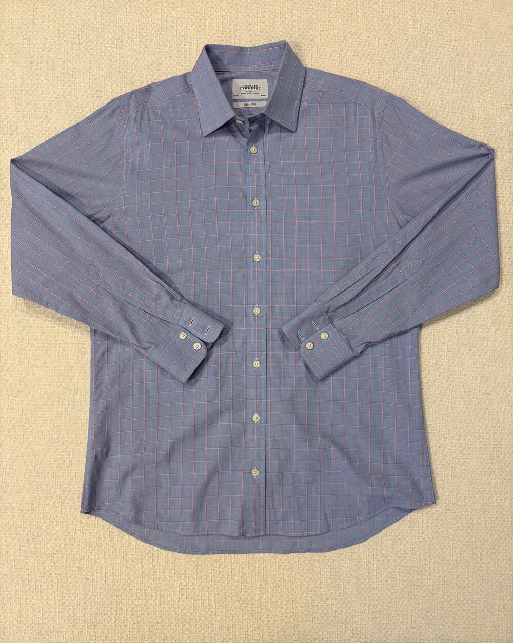 Charles Tyrwhitt Mens 16 34 Slim Fit Blue Red Check Long Sleeve Dress Shirt